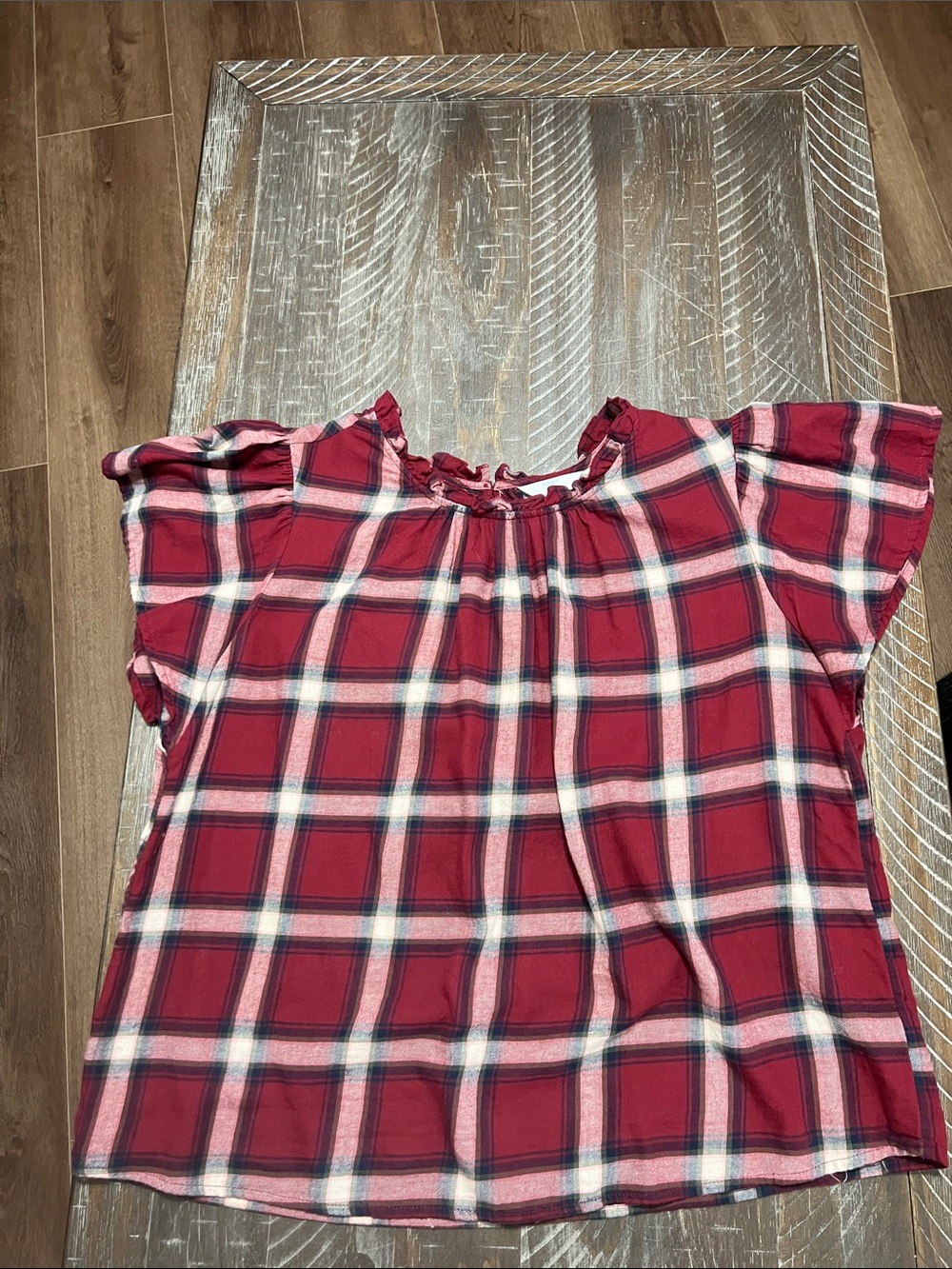 Time and Tru Burgundy Plaid Ruffled Neck Blouse